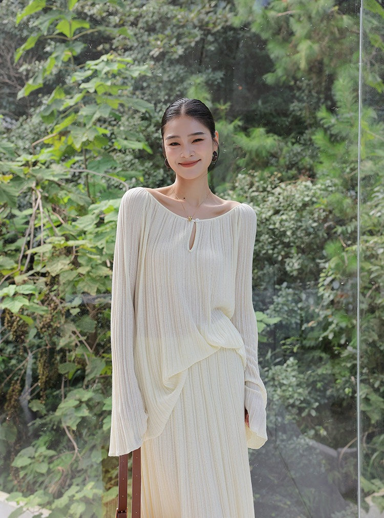 Mulberry Silk Two-Piece Set - Long Sleeve Top and Skirt