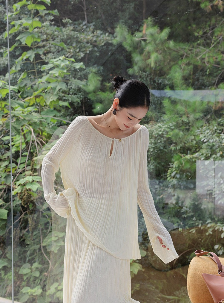Mulberry Silk Two-Piece Set - Long Sleeve Top and Skirt