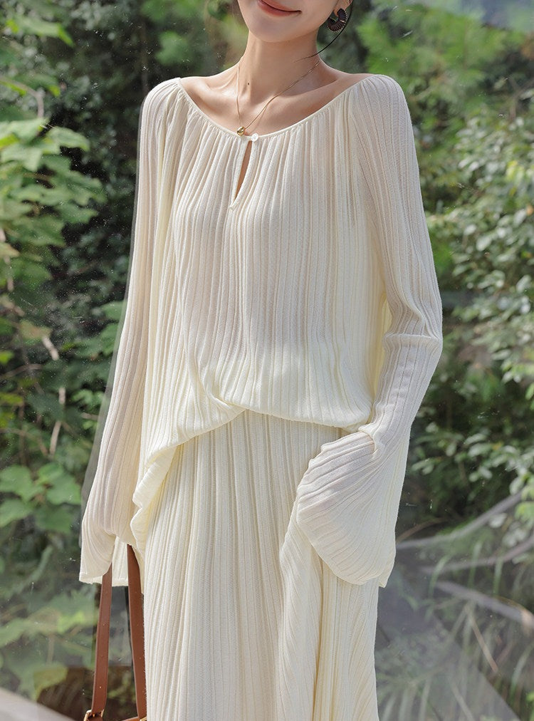Mulberry Silk Two-Piece Set - Long Sleeve Top and Skirt