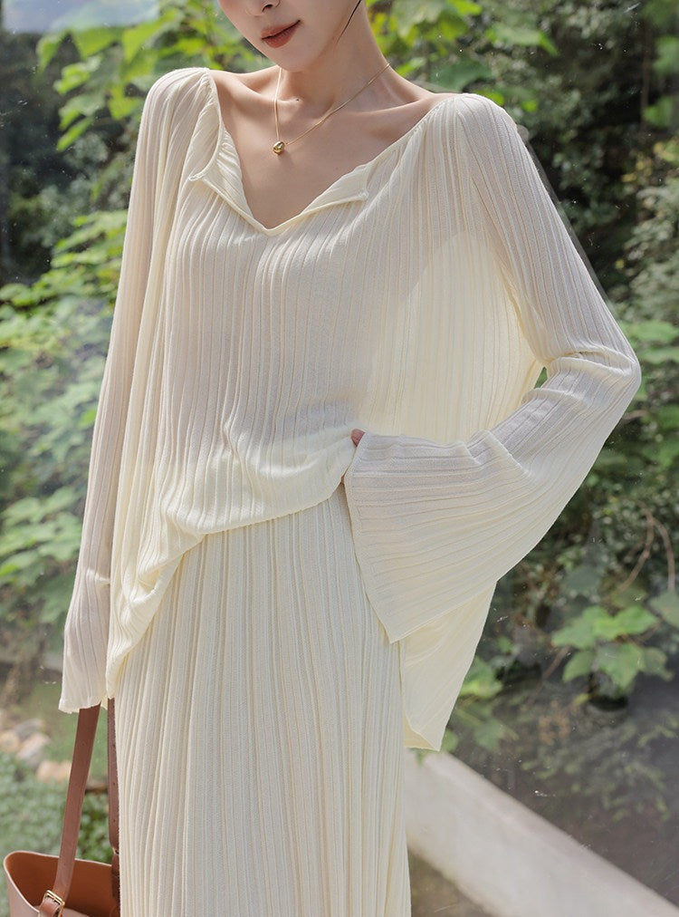 Mulberry Silk Two-Piece Set - Long Sleeve Top and Skirt