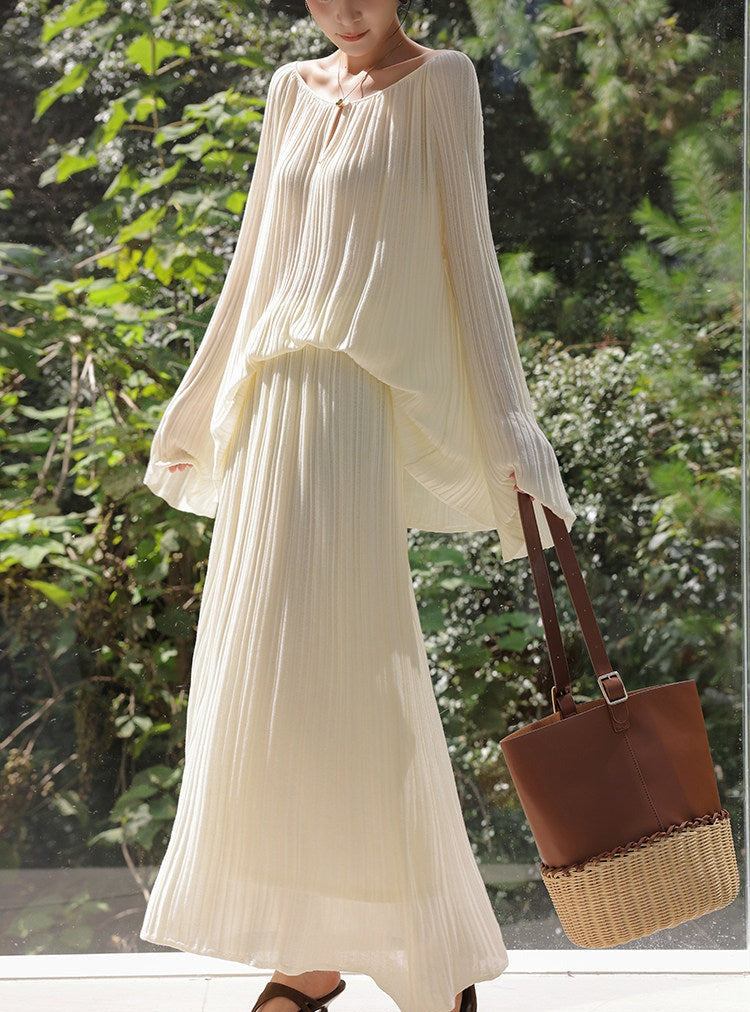 Mulberry Silk Two-Piece Set - Long Sleeve Top and Skirt