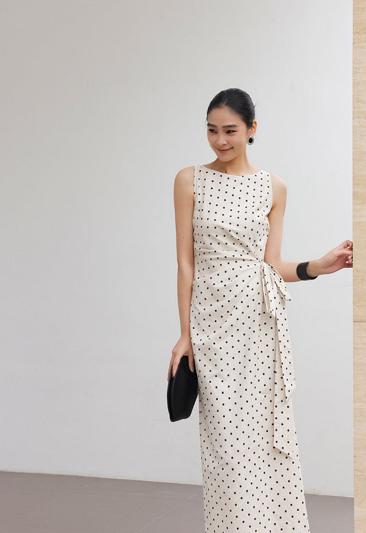 Polka Dot Dress - Minimalist Design with Tie Waist