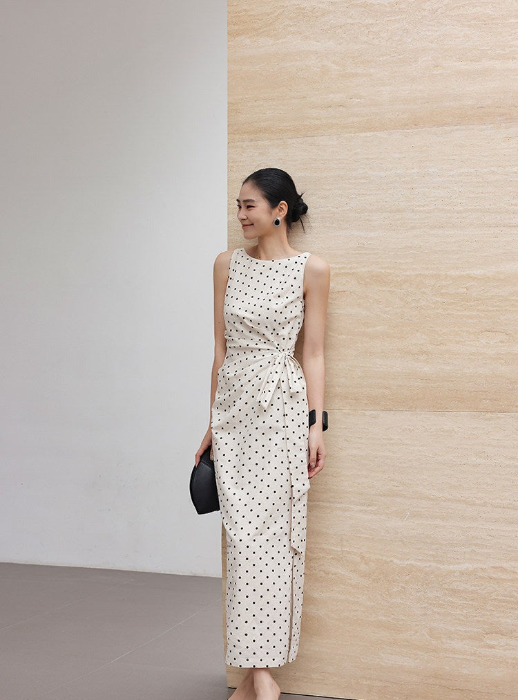 Polka Dot Dress - Minimalist Design with Tie Waist