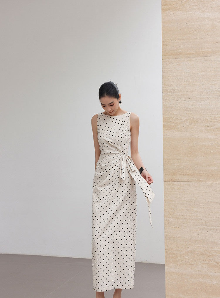 Polka Dot Dress - Minimalist Design with Tie Waist
