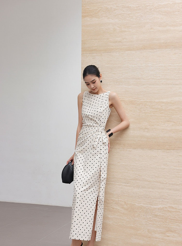 Polka Dot Dress - Minimalist Design with Tie Waist