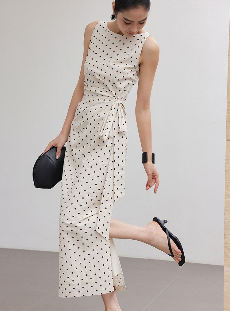 Polka Dot Dress - Minimalist Design with Tie Waist