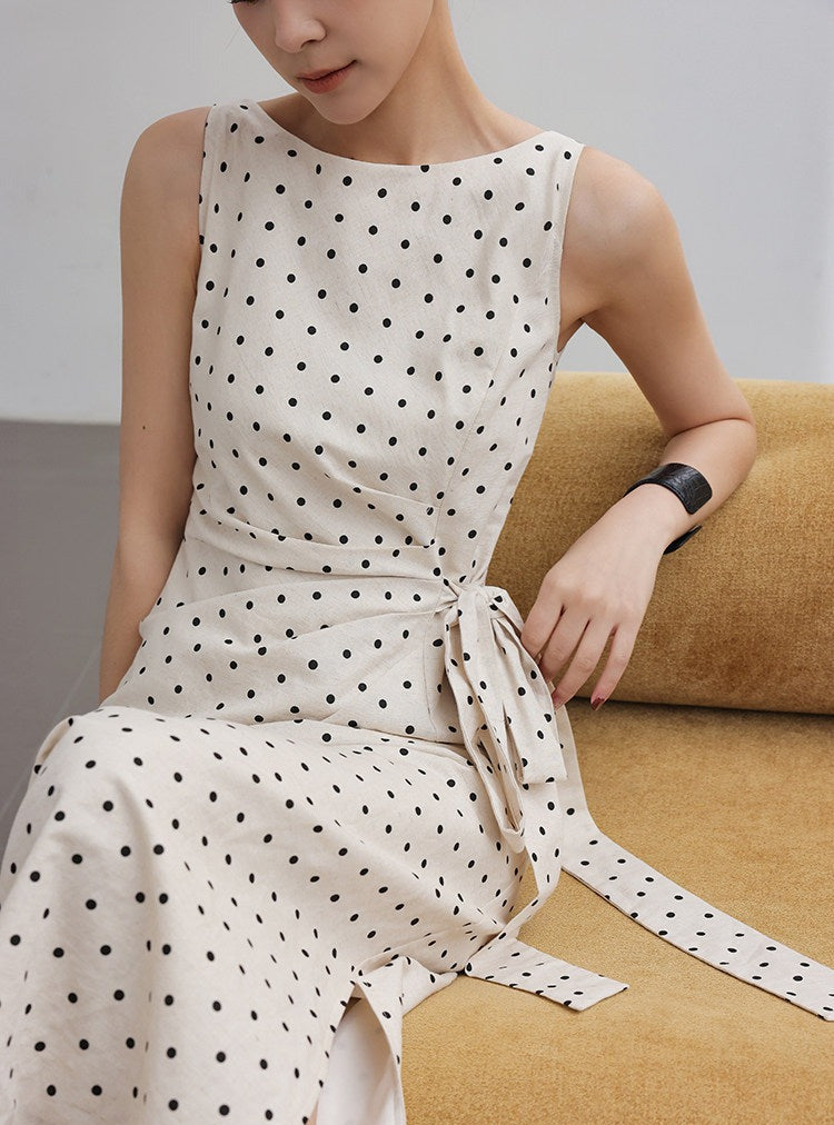 Polka Dot Dress - Minimalist Design with Tie Waist