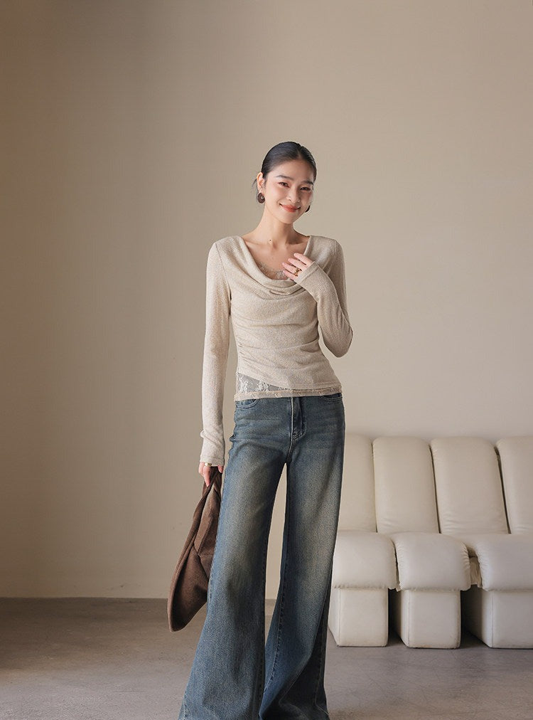 Lace Knit Top - Relaxed Fit with Draped Neckline