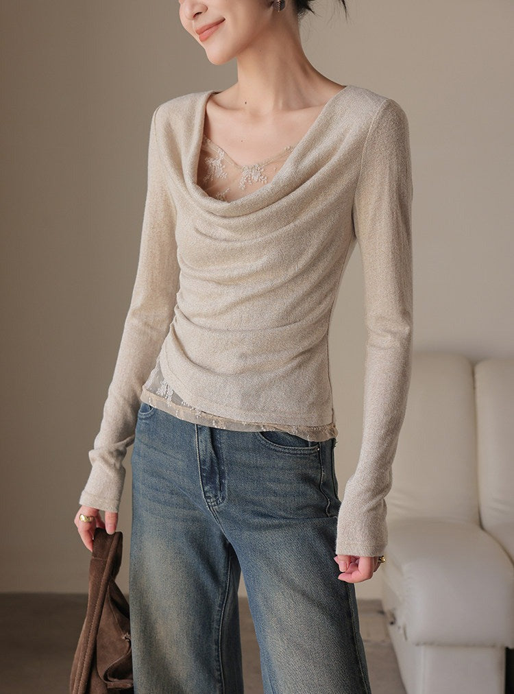 Lace Knit Top - Relaxed Fit with Draped Neckline
