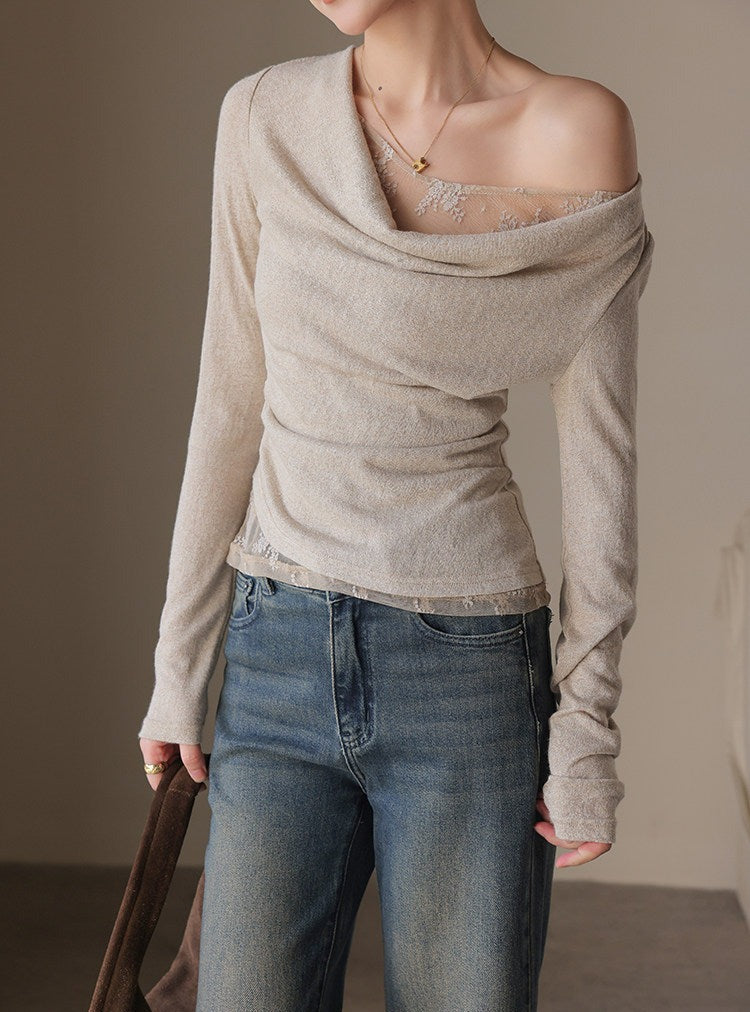 Lace Knit Top - Relaxed Fit with Draped Neckline