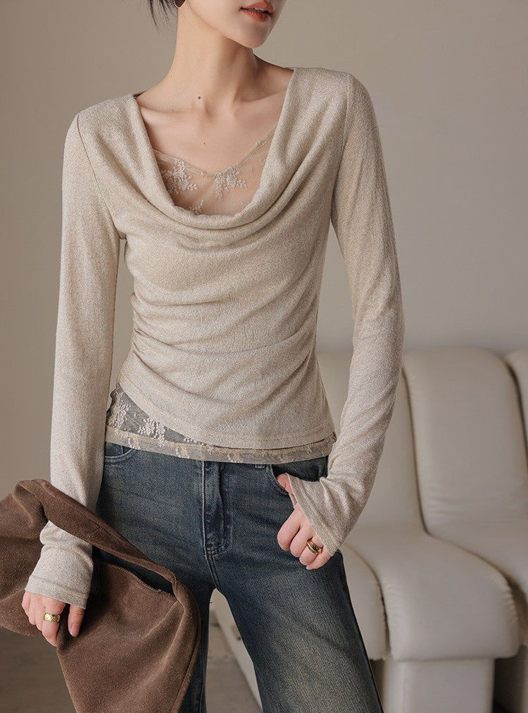 Lace Knit Top - Relaxed Fit with Draped Neckline