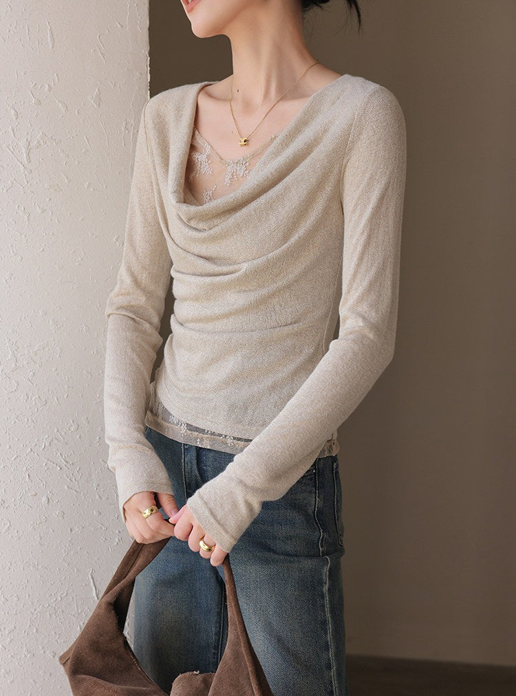 Lace Knit Top - Relaxed Fit with Draped Neckline