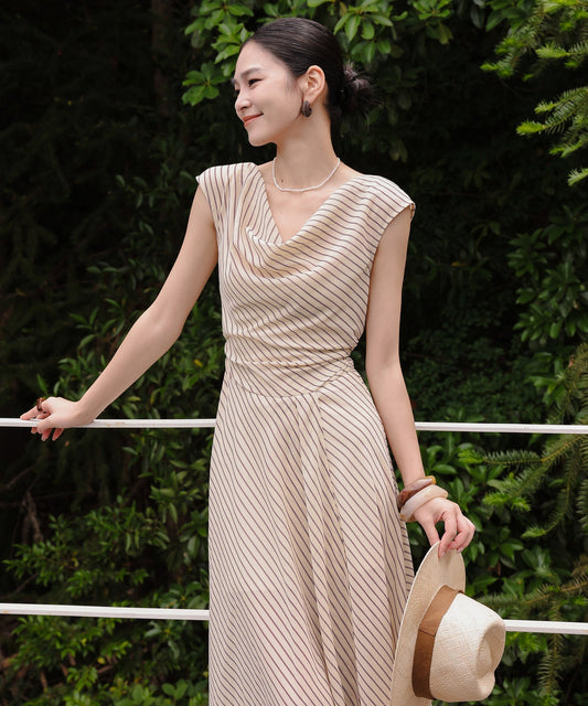 Viscose Apricot Striped Dress - Sleeveless A-Line