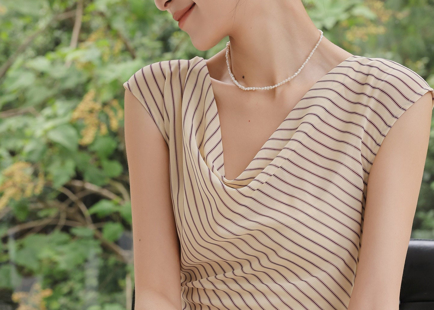 Viscose Apricot Striped Dress - Sleeveless A-Line