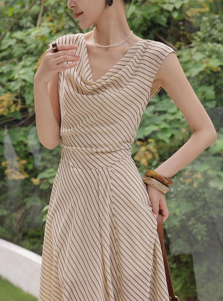 Viscose Apricot Striped Dress - Sleeveless A-Line