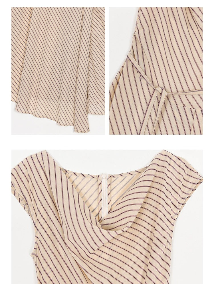 Viscose Apricot Striped Dress - Sleeveless A-Line