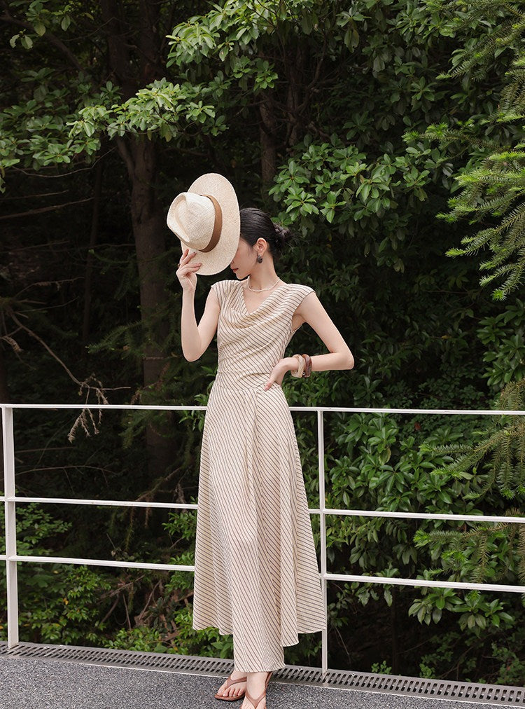 Viscose Apricot Striped Dress - Sleeveless A-Line