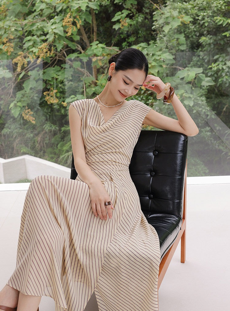Viscose Apricot Striped Dress - Sleeveless A-Line