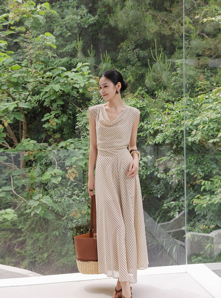 Viscose Apricot Striped Dress - Sleeveless A-Line