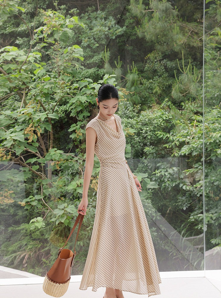 Viscose Apricot Striped Dress - Sleeveless A-Line