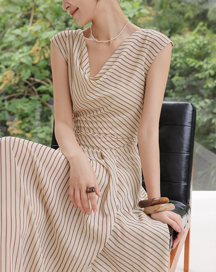 Viscose Apricot Striped Dress - Sleeveless A-Line