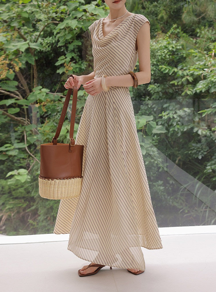 Viscose Apricot Striped Dress - Sleeveless A-Line