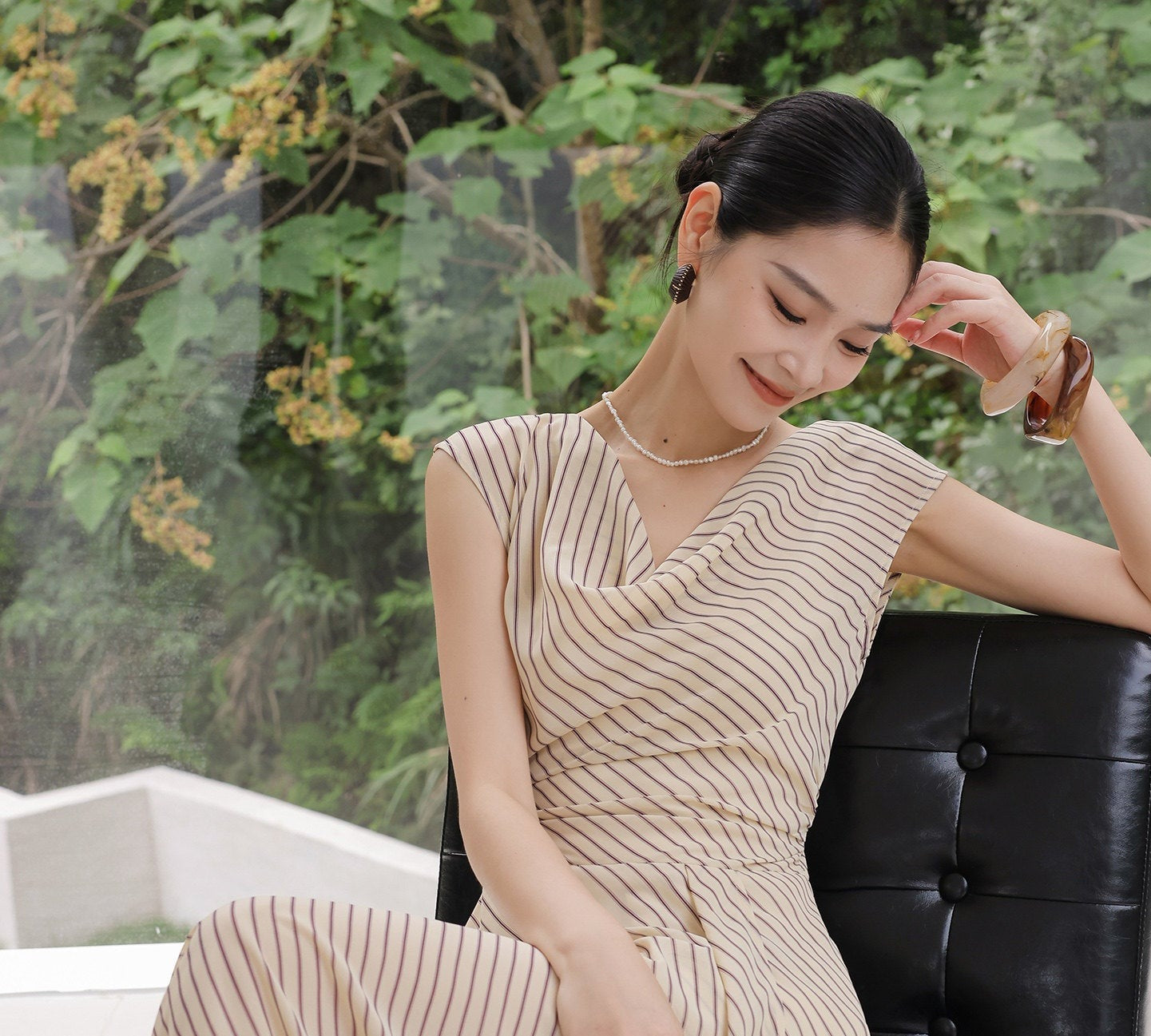 Viscose Apricot Striped Dress - Sleeveless A-Line