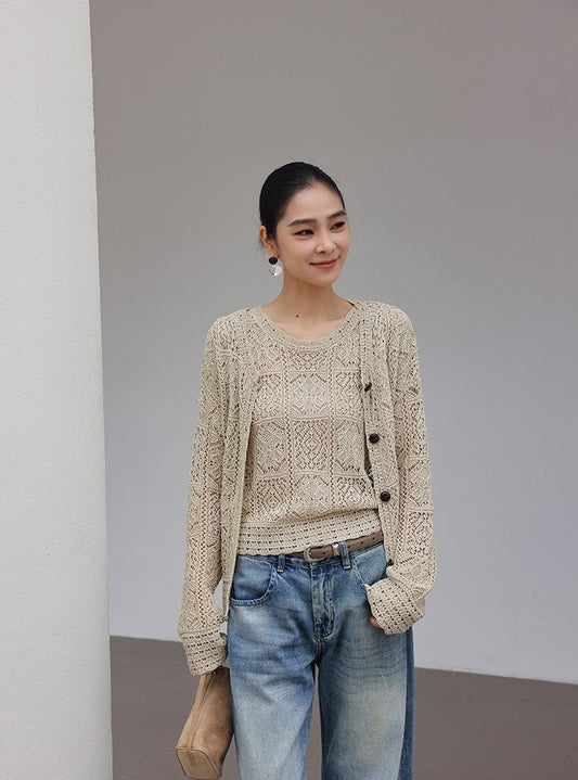 Linen Knitted Top - Geometric Crochet Design