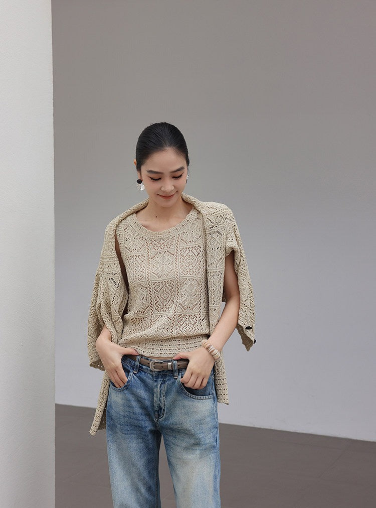 Linen Knitted Top - Geometric Crochet Design