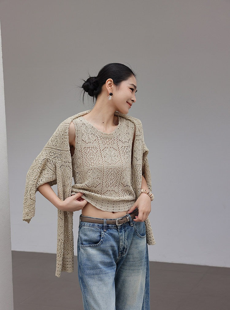 Linen Knitted Top - Geometric Crochet Design