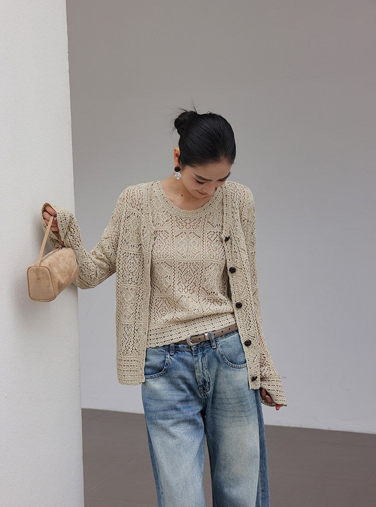 Linen Knitted Top - Geometric Crochet Design