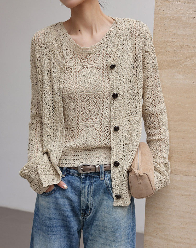 Linen Knitted Top - Geometric Crochet Design