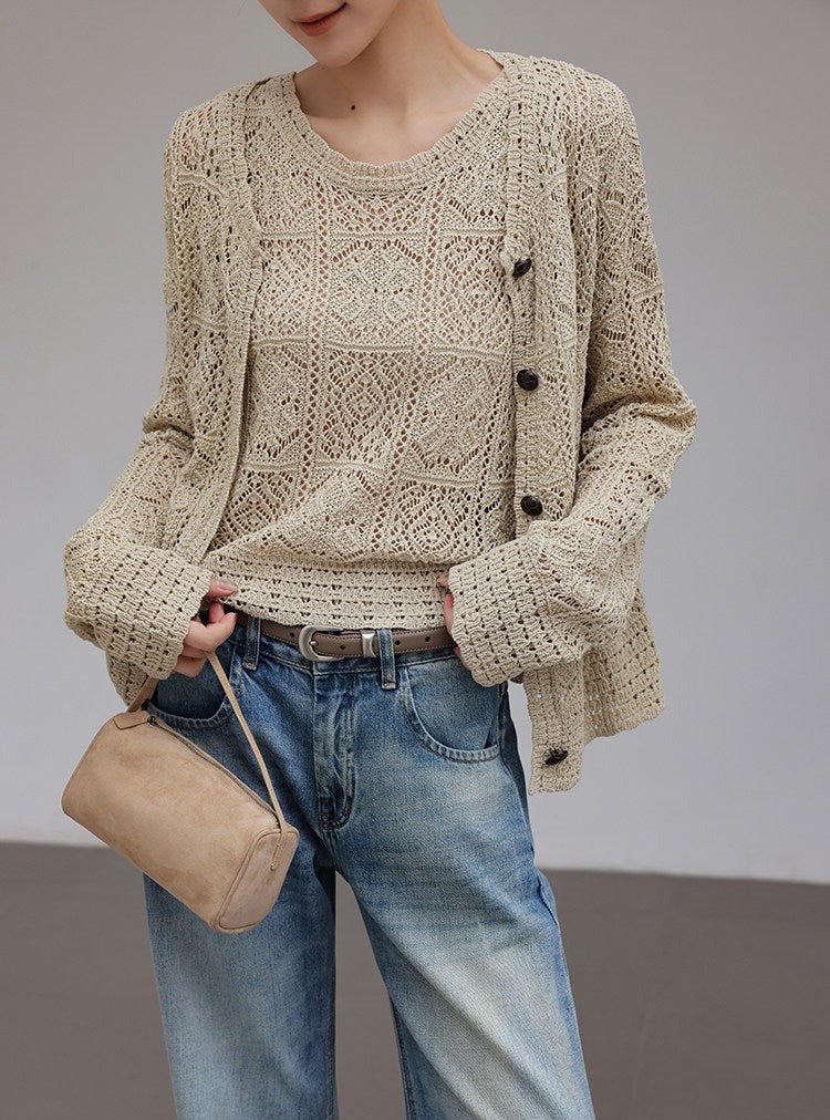 Linen Knitted Top - Geometric Crochet Design