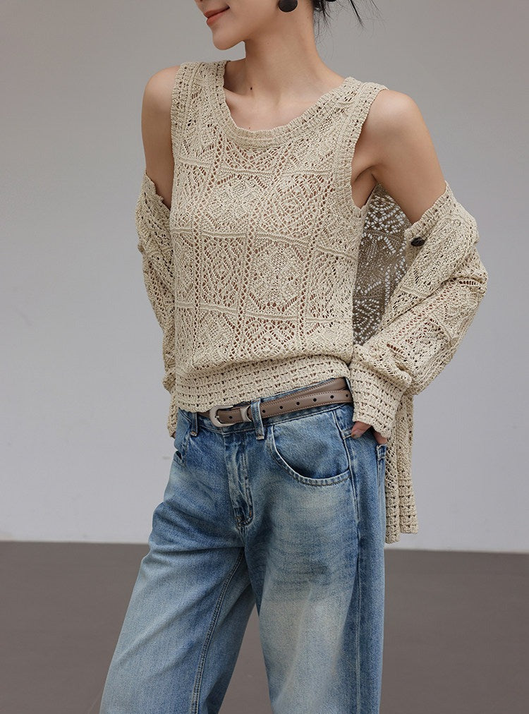 Linen Knitted Top - Geometric Crochet Design