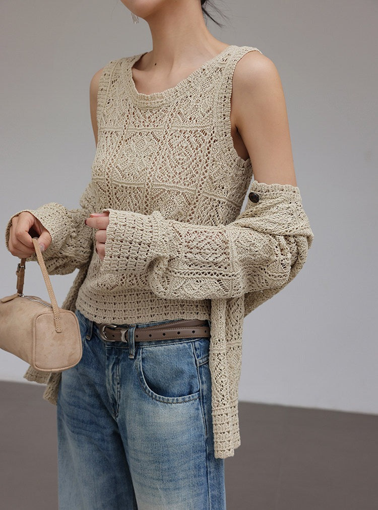 Linen Knitted Top - Geometric Crochet Design