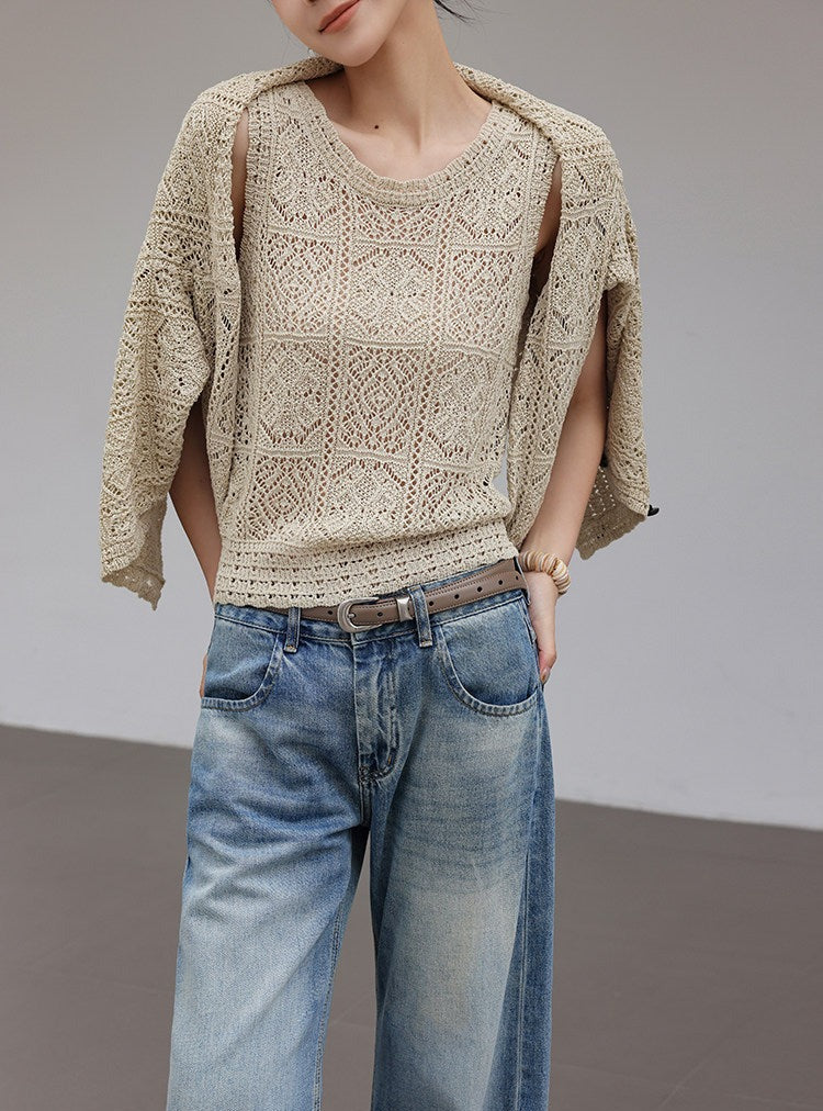 Linen Knitted Top - Geometric Crochet Design