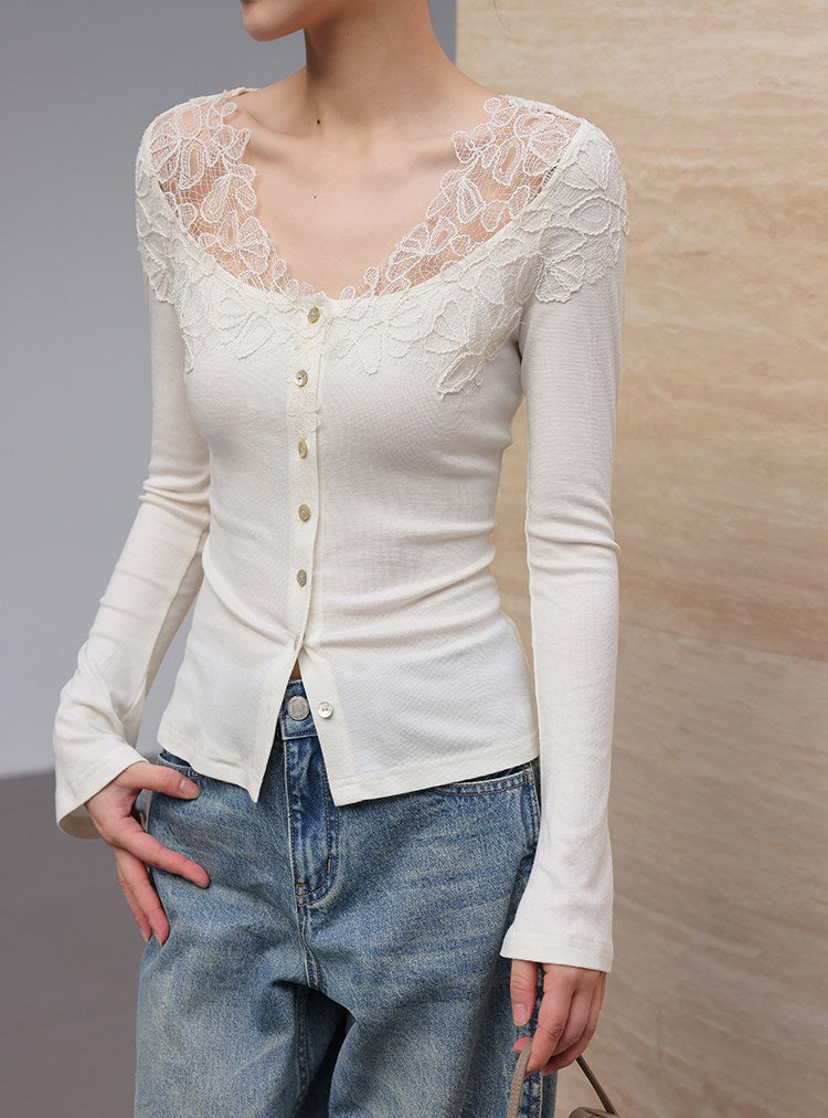 Lace Patchwork Long Sleeve T-Shirt