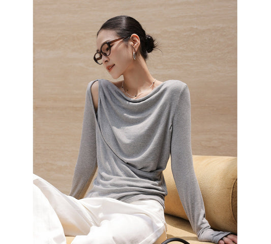 Knit Top with Diagonal Neckline and Cut-Out Design