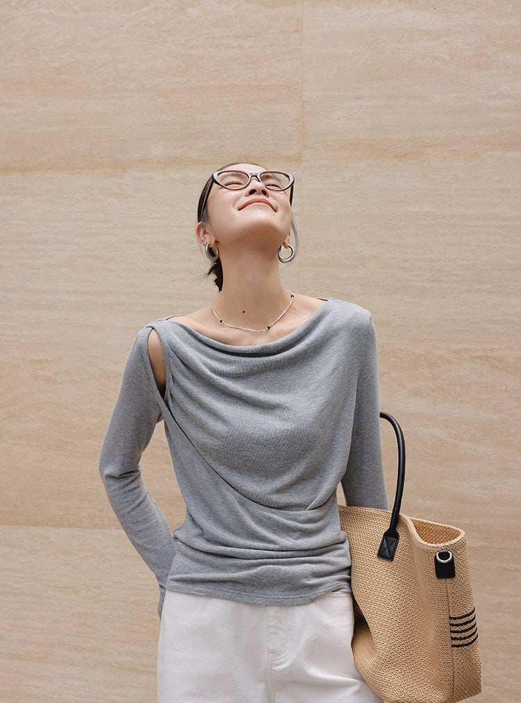 Knit Top with Diagonal Neckline and Cut-Out Design