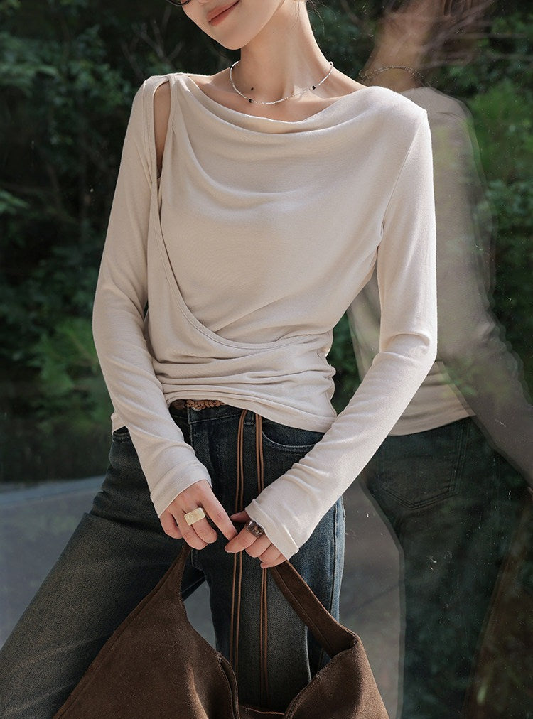 Knit Top with Diagonal Neckline and Cut-Out Design