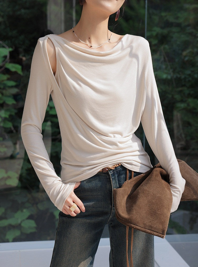 Knit Top with Diagonal Neckline and Cut-Out Design