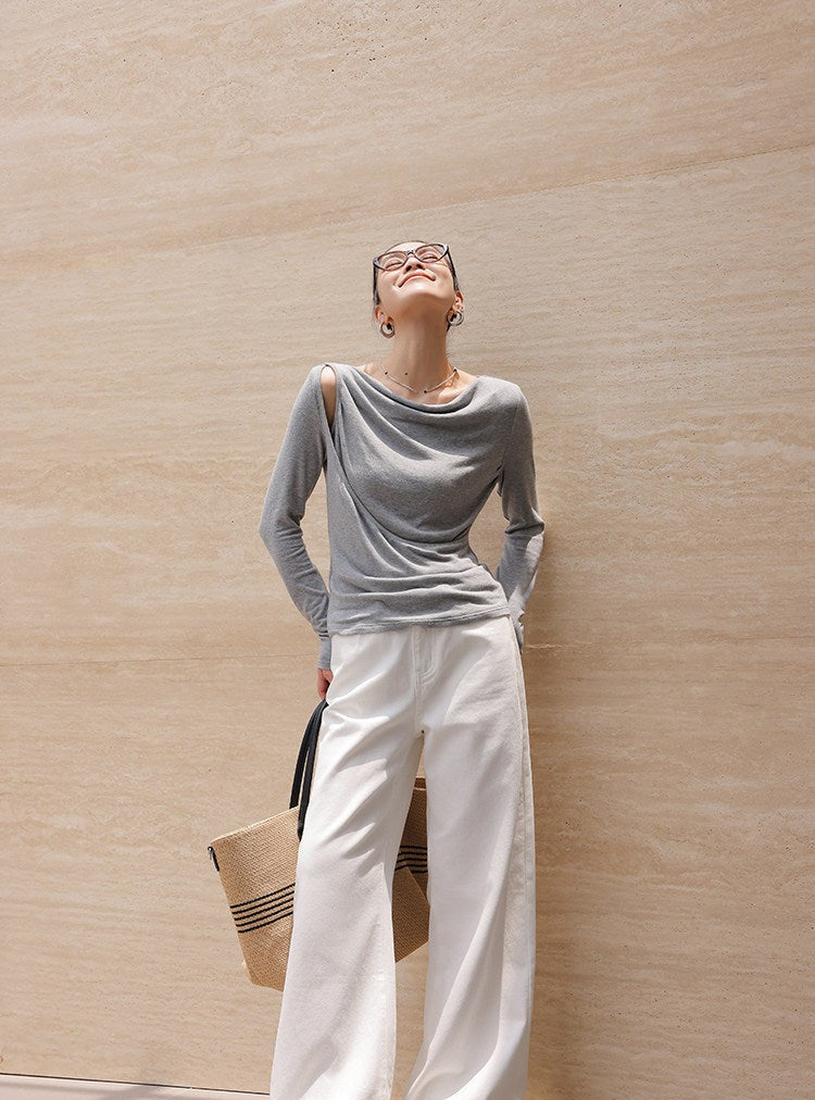 Knit Top with Diagonal Neckline and Cut-Out Design