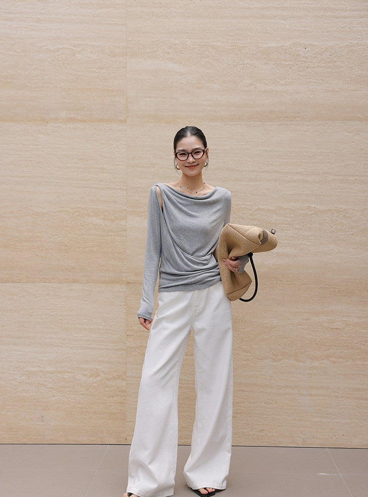 Knit Top with Diagonal Neckline and Cut-Out Design