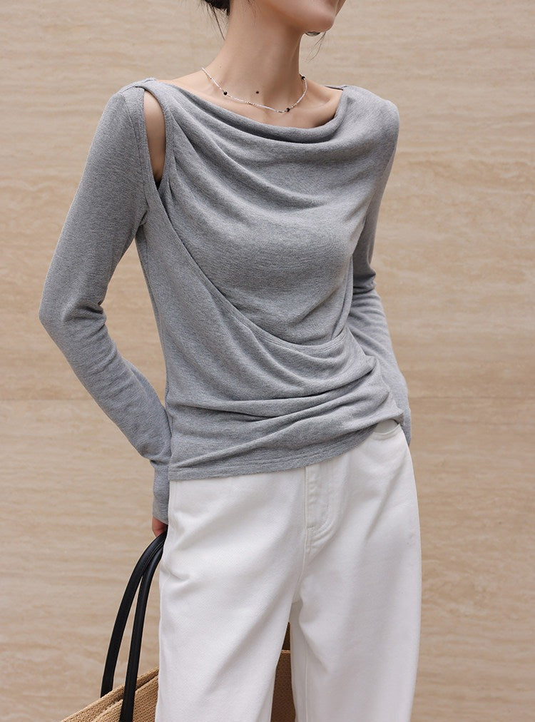 Knit Top with Diagonal Neckline and Cut-Out Design