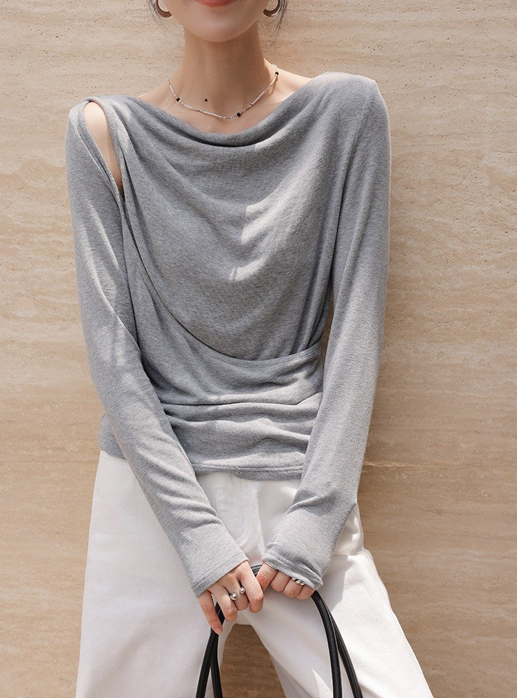 Knit Top with Diagonal Neckline and Cut-Out Design