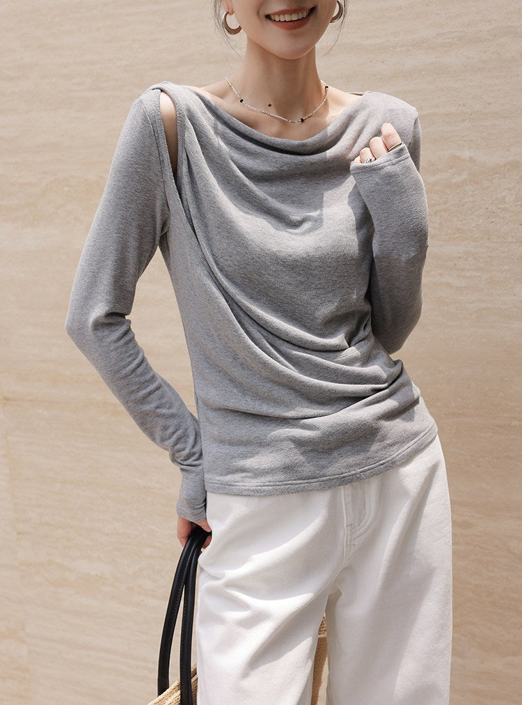 Knit Top with Diagonal Neckline and Cut-Out Design