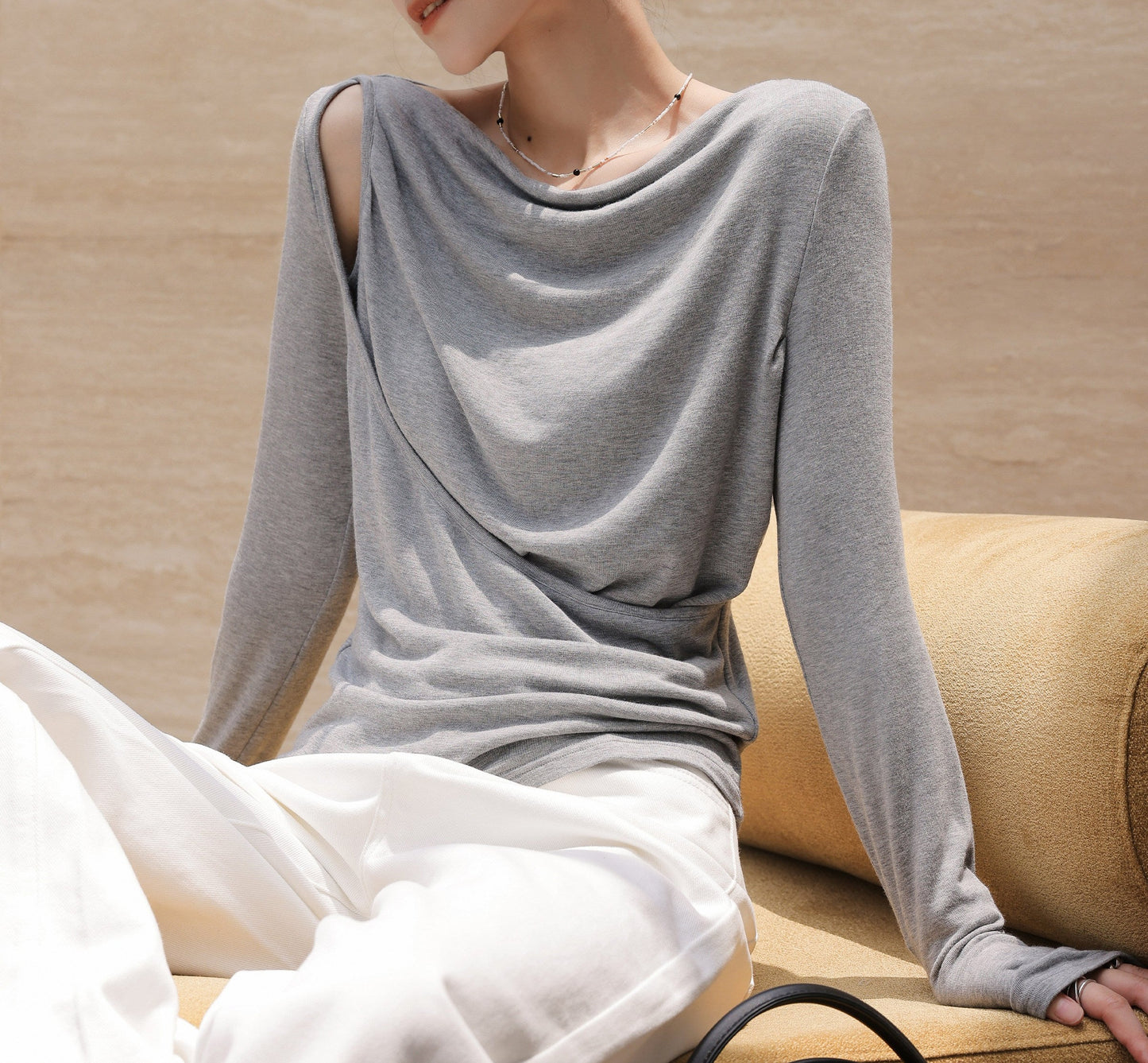 Knit Top with Diagonal Neckline and Cut-Out Design