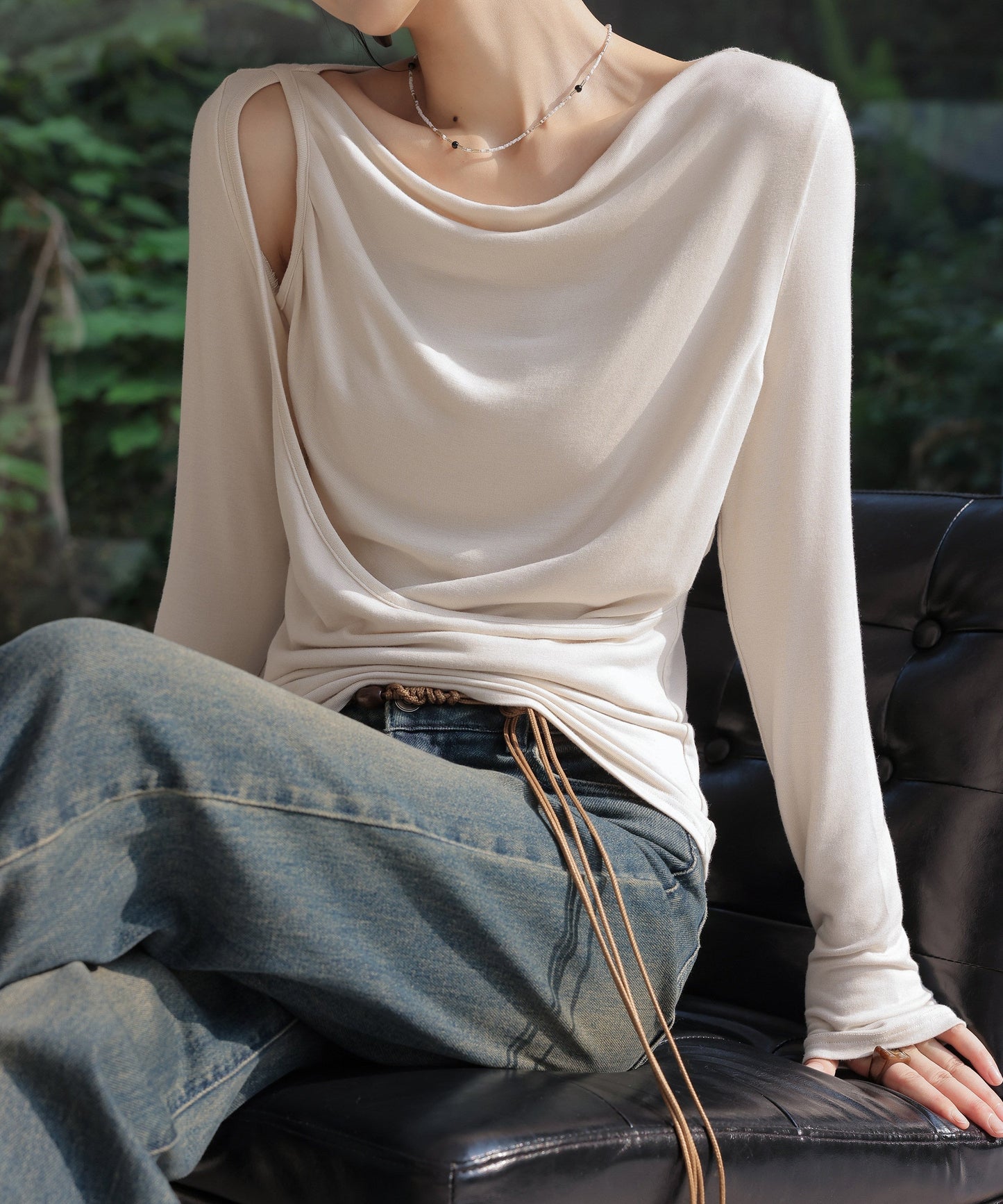 Knit Top with Diagonal Neckline and Cut-Out Design