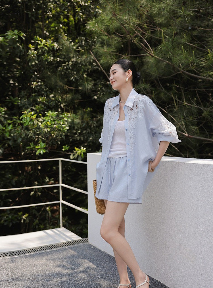 Hollow-Out Viscose Top and Shorts Set