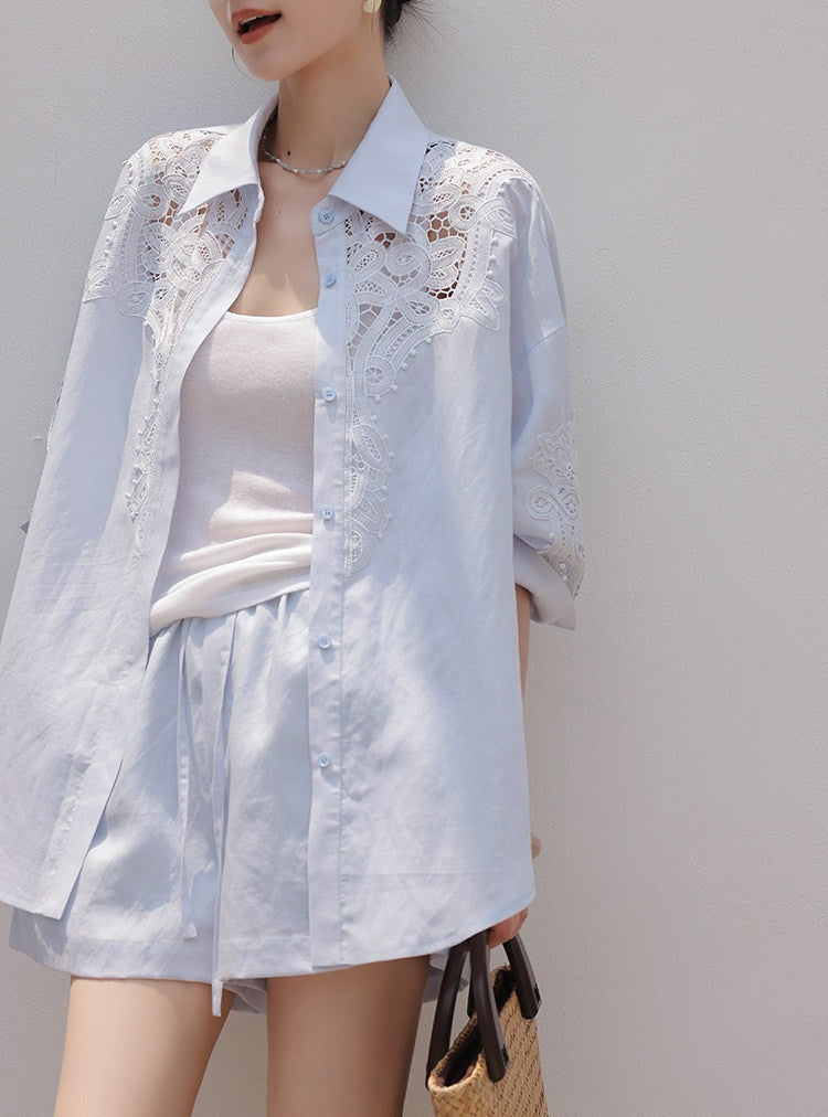 Hollow-Out Viscose Top and Shorts Set